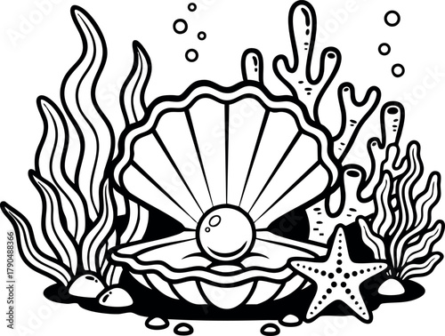 Open seashell with pearl under ocean waves featuring starfish and coral reef vector illustration