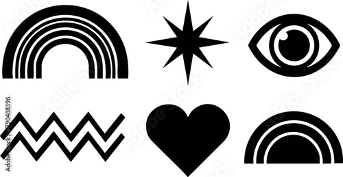 Abstract black geometric symbols including rainbow heart eye and star shapes vector illustration