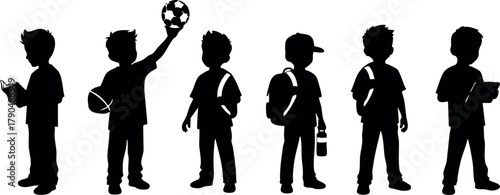 Silhouettes of boys playing sports and holding objects in black vector illustration