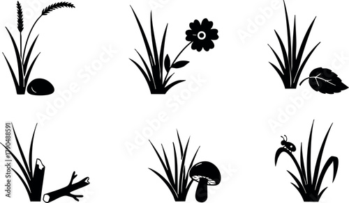 Wild grass silhouettes with flowers mushrooms and stones natural vector design elements for decoration and creativity