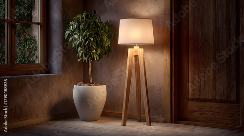 Illuminated Floor Lamp and Potted Plant in Cozy Room Corner.