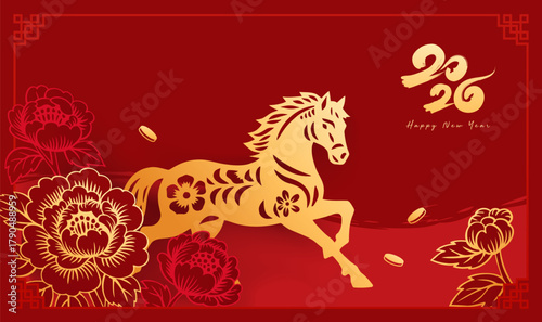 Paper-cut style Horse New Year horizontal edition illustration