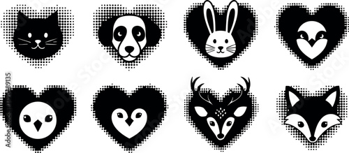 Cute animal faces inside heart shapes vector set with cat dog rabbit penguin deer and fox icons for design