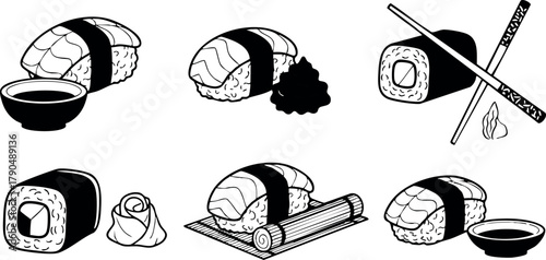 Sushi set with nigiri, maki rolls, soy sauce and chopsticks vector illustration