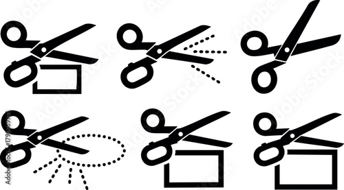 Scissors cutting different shapes and lines vector icons in black simple style