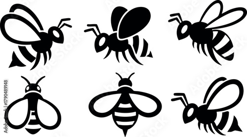 Bee silhouette icons set with six different flying and resting insect poses vector illustration