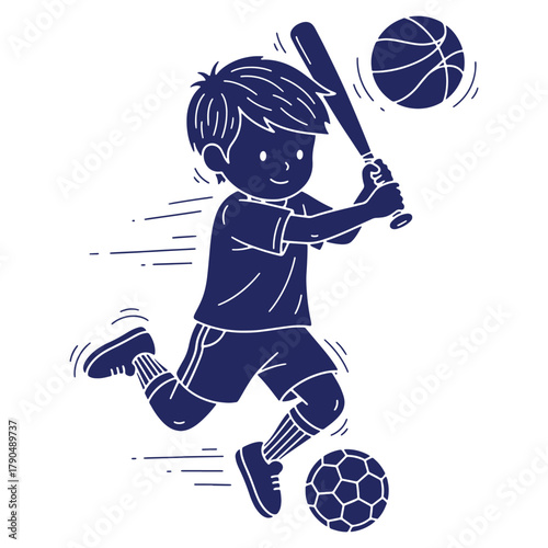 Boy playing various sports with a baseball bat basketball and soccer ball in a playful outline vector image