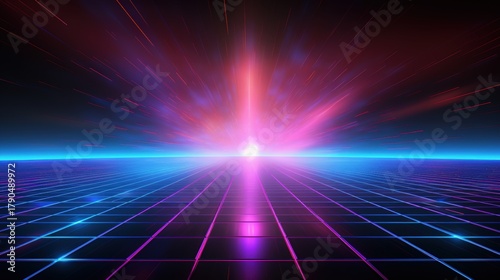 A vibrant digital landscape featuring bright colors and lines converging towards a central light source, evoking a futuristic, sci-fi atmosphere.