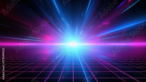 A vibrant digital artwork featuring a glowing center with rays of light radiating outward, set against a grid background in neon colors.