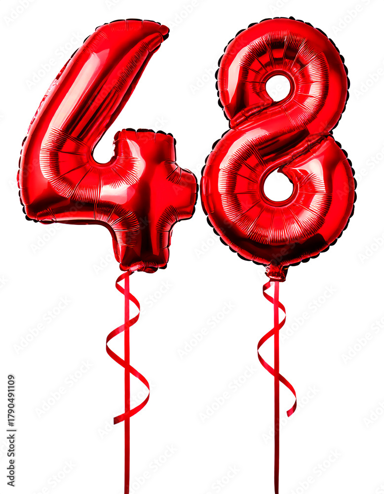 Fototapeta premium 数字の48の形の赤色の風船とリボン（Number 48 red foil balloon on white background） 