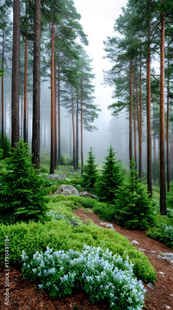 Obraz premium Forest path winding through misty pine trees