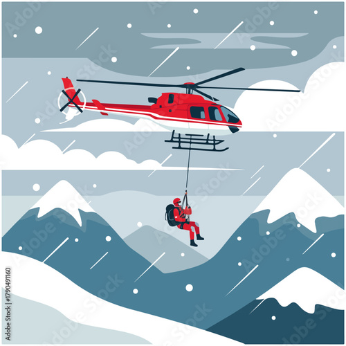 A rescuer is airlifted by a helicopter during a snowstorm in the mountains.