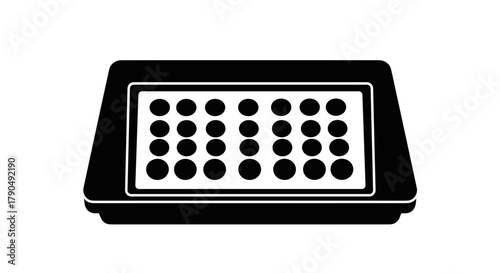 Black and white illustration of a digital calculator with many buttons.