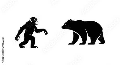 Chimpanzee and Bear Silhouettes Facing Each Other on White Background.