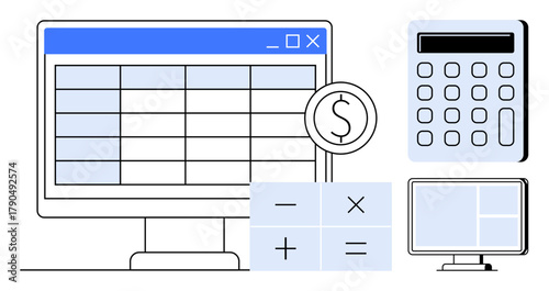 Computer screen displaying a spreadsheet, calculator, and mathematical symbols for calculations. Ideal for finance, budgeting, accounting, business planning, data analysis, education economics