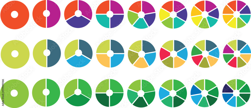 Fototapeta premium Pie chart set. Circle pie charts diagrams. Different color circles isolated. Circle section graph. Infographic element round shape. Pie chart divided equal parts. Colorful circle arrow charts