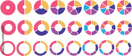 Pie chart set. Circle pie charts diagrams. Different color circles isolated. Circle section graph. Infographic element round shape. Pie chart divided equal parts. Colorful circle arrow charts