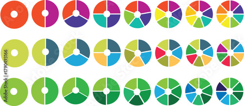 Pie chart set. Circle pie charts diagrams. Different color circles isolated. Circle section graph. Infographic element round shape. Pie chart divided equal parts. Colorful circle arrow charts