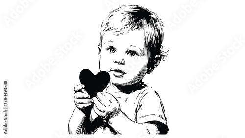 Cute Baby Holding Heart Shape in Black and White