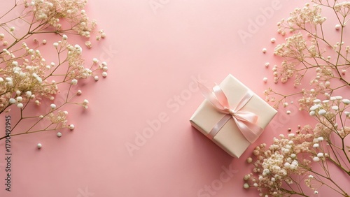 A delicate blush-colored gift box adorned with a soft pink ribbon, nestled amidst sprigs of airy white flowers on a pale pink background.