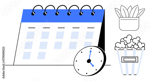 Calendar with blue header, analog clock, potted plant, and popcorn bucket. Ideal for time management, planning, leisure, entertainment, work-life balance personal productivity simple flat metaphor