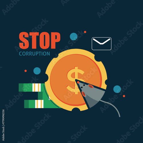 Illustration promoting anti-corruption awareness with a mouse stealing money and bold text “STOP CORRUPTION,” symbolizing the fight against financial crime and bribery.