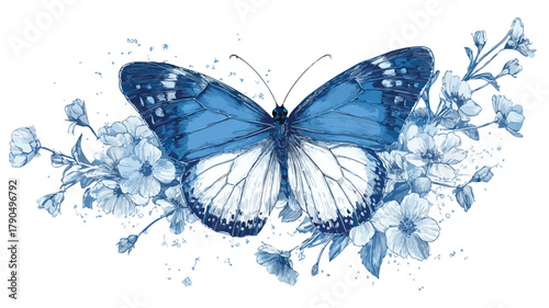 Beautiful Butterfly and Blue Flowers with Elegant Text Design Illustration