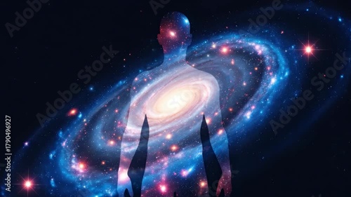 Human Silhouette Surrounded by Colorful Cosmic Galaxy and Stars in Dark Background