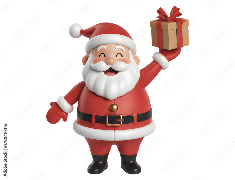 Obraz premium Cheerful santa claus character holding a festive gift box isolated on transparent background