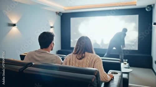 A man and woman watching a movie in a home theater. Couple enjoying a film screening in a private cinema room for entertainment.