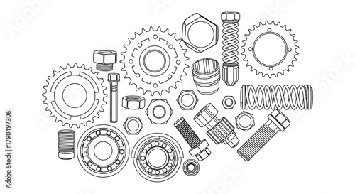 Outline drawing of mechanical parts including gears and fasteners