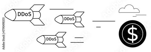 Missiles labeled DDoS aimed at a dollar sign, representing cyber threats. Ideal for cybersecurity, hacking, financial protection, cyberattacks, digital defense, risk management, simple flat metaphor