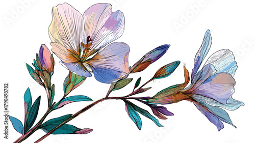 Botanical Illustration of Flowering Plant with Fine Outlines for Graphic Design Projects