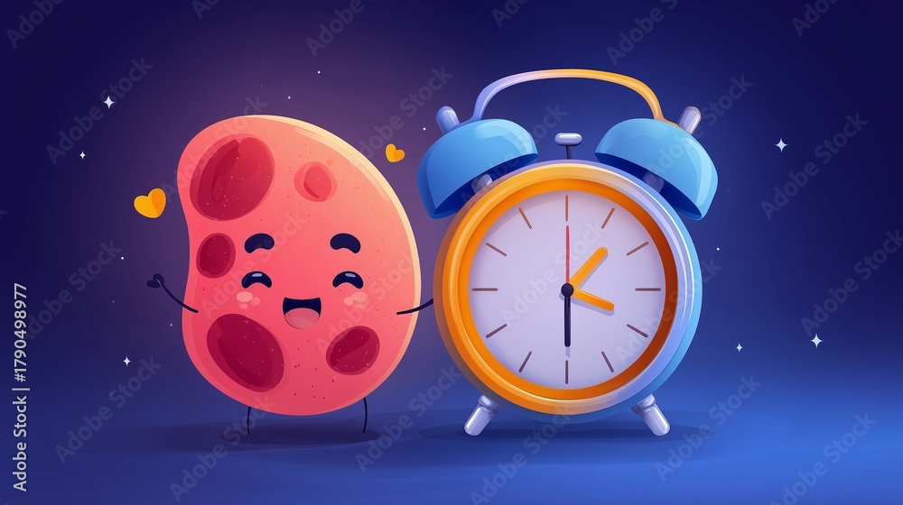 Naklejka premium Cartoon cell and clock symbolize cellular regeneration benefits from intermittent fasting.