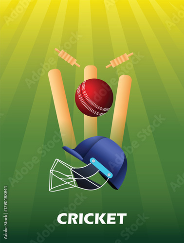 Cricket equipment concept with ball, helmet, bat, and wicket illustration design