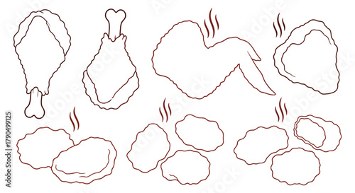 Illustration of various fried chicken pieces on a white background