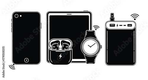 Illustration of various black and white wireless electronic devices