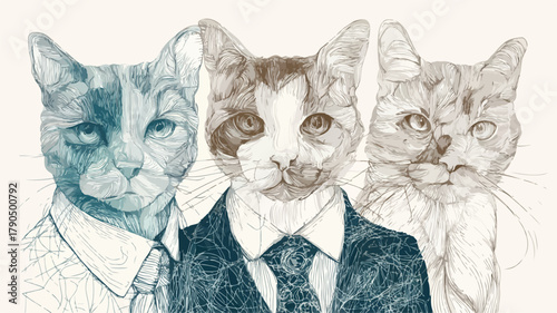 Adorable Three Cats Drawing on White Background