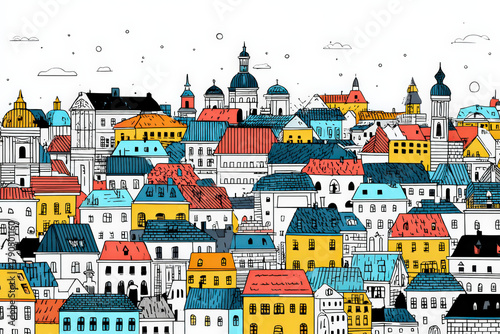 Black and White City Skyline Illustration with Modern and Historic Buildings WARSZAWA
