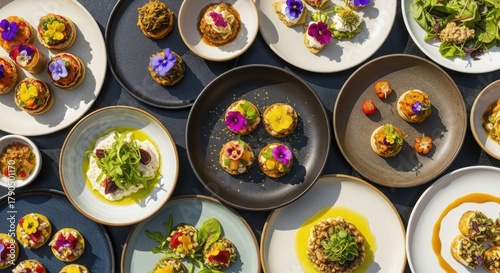 Assortment Of Elegant Appetizers And Small Bites With Edible Flowers food canap?s