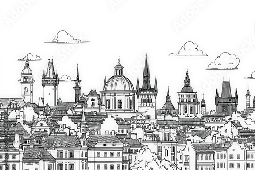 Black and White City Skyline Illustration with Modern and Historic Buildings WARSZAWA
