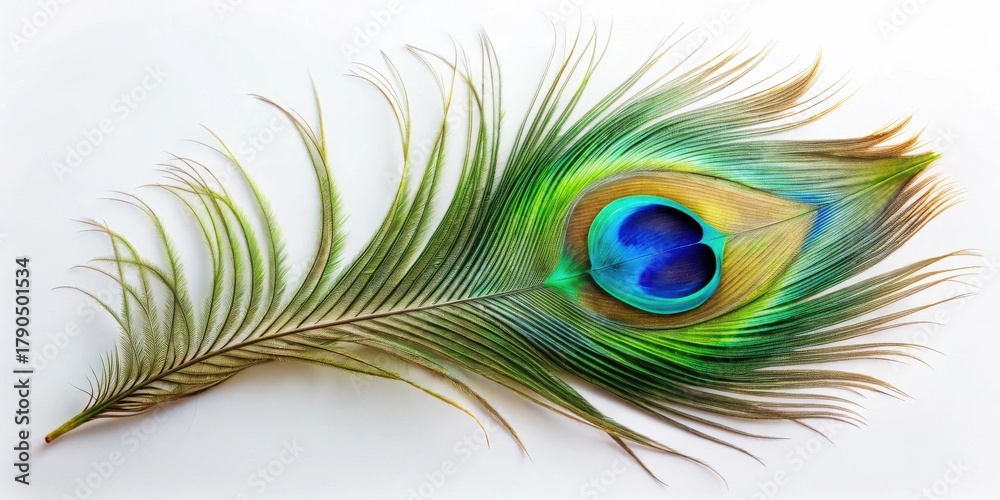 Obraz premium A single iridescent peacock feather displays vibrant green, blue, and gold hues against a plain white backdrop
