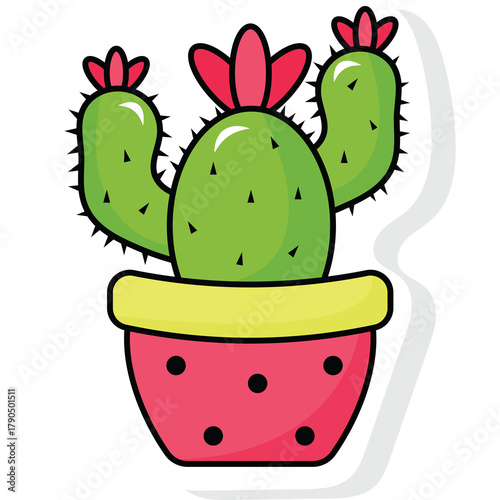 Cute cartoon cactus in a pink polka dot pot with red flowers and yellow rim isolated on white background vector illustration