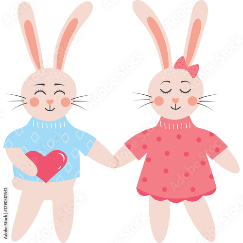 Cute Cartoon Bunnies Holding Hands With Heart Symbol A Romantic Pair In Pink And Blue Sweaters For Valentines Day Celebration