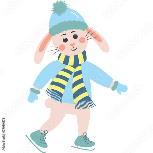 Cute cartoon bunny rabbit character wearing a blue knitted hat and scarf ice skating with ice skates on a transparent background
