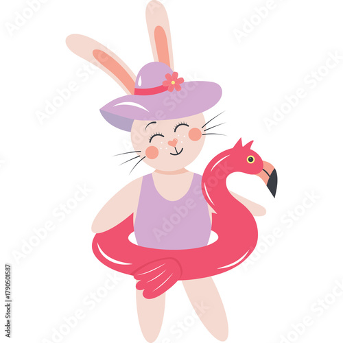 Cute Cartoon Bunny Character Wearing A Lilac Swimsuit And A Pink Floppy Hat Holding A Pink Flamingo Float Ready For Summer Vacation Fun And Poolside Activities