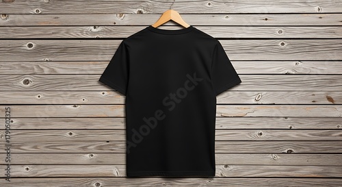 A plain black tshirt hanging on a wooden hanger against a rustic wooden plank background