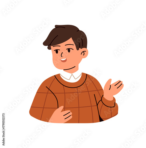 Happy kid talks and hand gestures. Cute little boy tell smth. Joyful child says hello and greeting. Student is speaking, performs and presenting. Flat isolated vector illustration on white background.