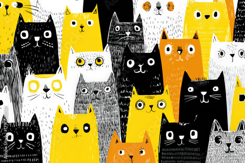 Colorful Pattern of Cute Cartoon Cats in Modern Abstract Style