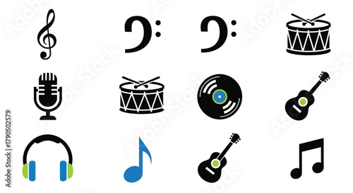 Collection of musical instruments and symbols on a white background